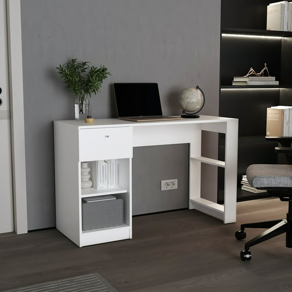 Modern White Desk For Living Room - 47" Wide With One Drawer, Four Shelves, Rectangular Shape And Build Office Space Use Home Writing Wide, White, Style