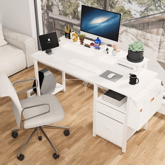 Modern White Desk With Power Outlet & 2 Movable Monitor Stands, Drawers, Side Pocket - Home Computer 47.3" Office Socket, Adjustable For Reading Area