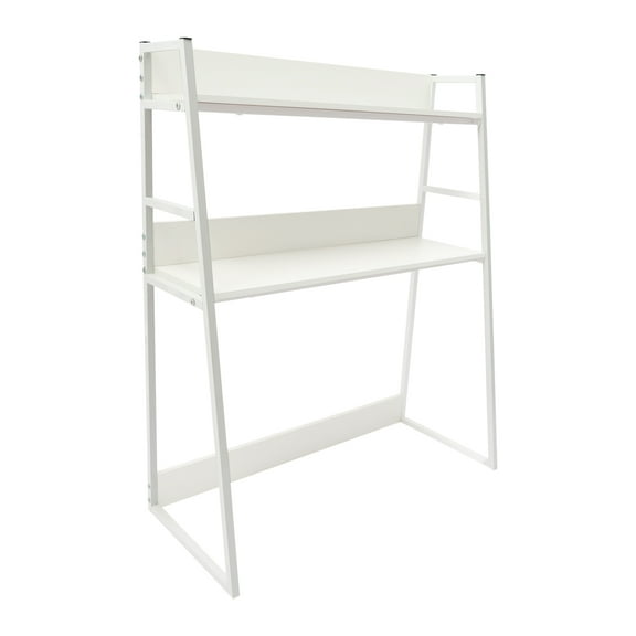 Modern White Desktop Bookshelf, 2 Tiers with Guardrails, Ample Storage for Office Supplies, Laptops, and Stationery