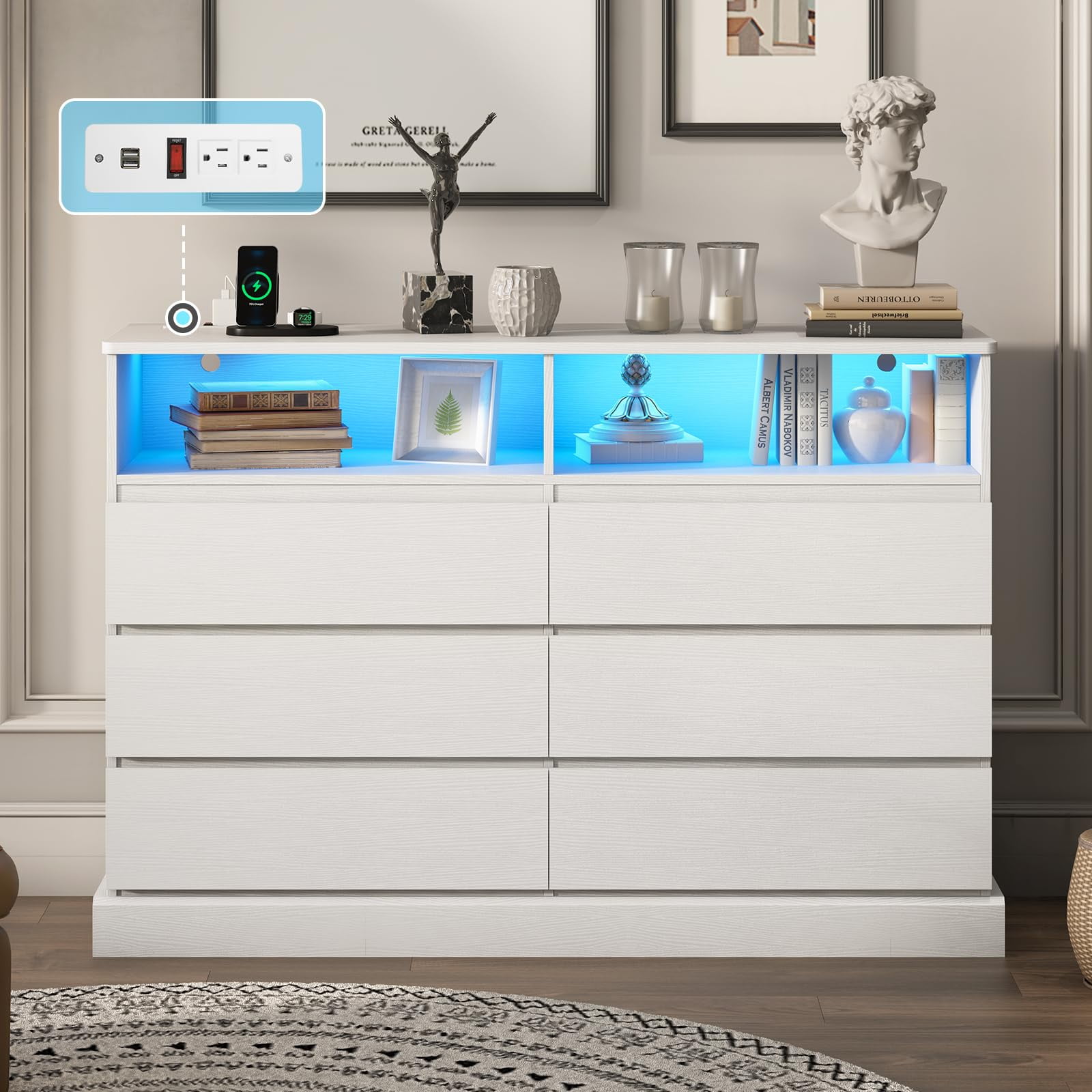 White 6 Dresser with LED Lights and Charging Station for Bedroom Dresser with 6 Drawers No Handle Modern Chest of Drawers
