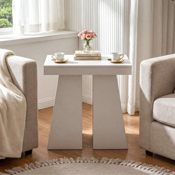 Modern White End Table With Trapezoid Base, Large Wood Side Table For