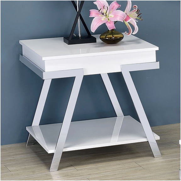Modern White End Table with Chrome Legs, High-Gloss Finish Living Room Accent Table
