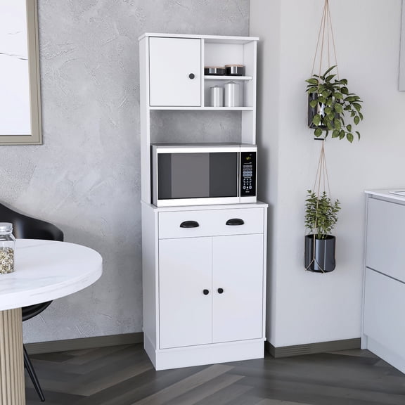 Modern White Engineered Pantry Cabinet | Suitable for Displaying Glasses and Heating Up Meals | Saves Floor Space with Large Storage