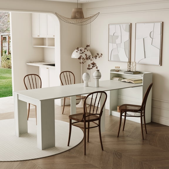 Modern White Extendable Dining Table With Storage. Dimensions: 36.61l X 98.43w 39.37h. 130.07lbs. Material. & Stylish. Fits Kitchen, Living, Room, Apartment, Cafe, Restaurant, Office In Look And