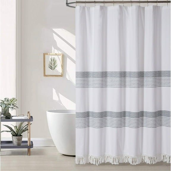 Modern White Farmhouse Shower Curtain with Tassels，Luxury 100% Cotton Shower Curtain Bathroom Decor,（Grey,72" W x 72" H）