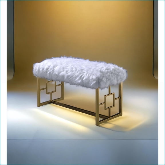 Modern White Faux Fur Accent Bench - Armless Backless for Living Room | White Faux Fur | Gold Finish