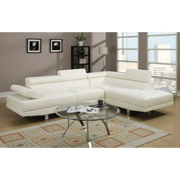 Modern White Faux Leather Sectional Sofa Chaise Set with Flip Up Headrest