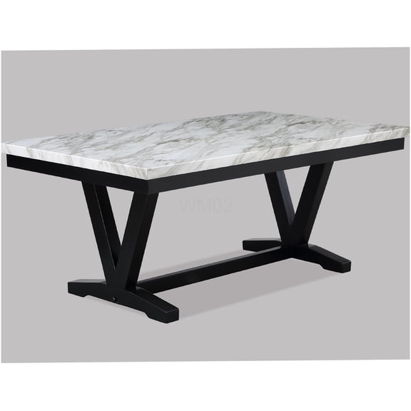 Modern White Faux Marble Dining Table with Black V-Trestle Base, Rectangular Kitchen Table for 6, Contemporary Formal Dining Room Furniture