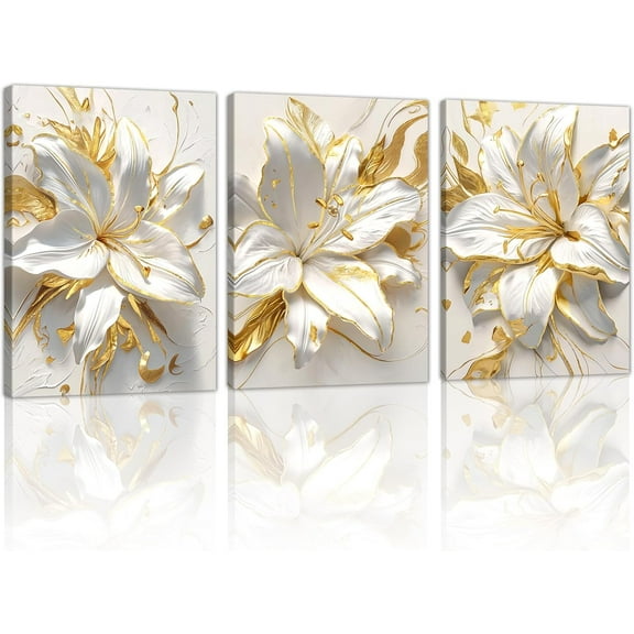Modern White Floral Golden Leaves Canvas Wall Art Set, Neutral Textured Flowers Wall Painting Pictures Boho Beige Blossom Wall Decor Posters Print Artwork for Bedroom（Only canvas）
