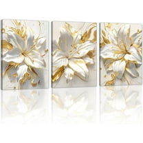 Modern White Floral Golden Leaves Canvas Wall Art Set, Neutral Textured Flowers Wall Painting Pictures Boho Beige Blossom Wall Decor Posters Print Artwork for Bedroom(Only canvas)