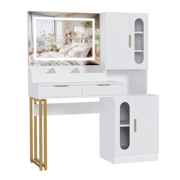 Modern White Fluted Vanity Desk with LED Mirror, Charging Station, 2 Drawers & 2 Cabinets, Large Wooden Makeup Table for Bedroom or Dorm - White