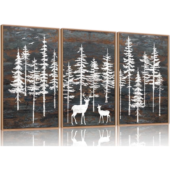 TOARTi Modern White Forest Framed Canvas Wall Art,Retro Tree Landscape Wall Decor, Minimalist Wildland Deer Artwork for Living Room, Offie - 16"x24"x3