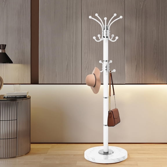 Modern White Freestanding Metal Coat Rack, 360 Rotatable with Natural Marble Base & 16 Hooks, Hall Tree Stand for Entryway