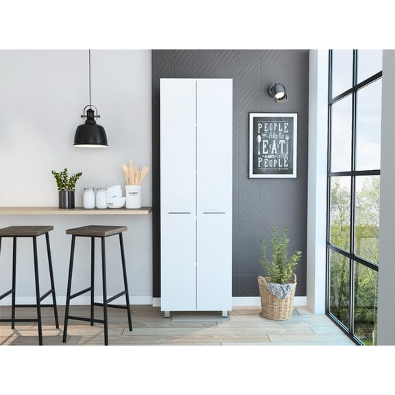 Modern White Freestanding Pantry Cabinet With Five Interior Shelves And Metal Door Handles For Kitchen Storage Charming Functional Use