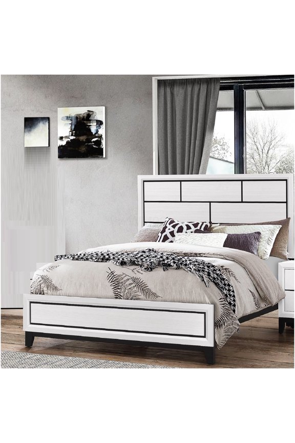 Modern White Full Size Platform Bed with Geometric Headboard, Low Profile Wood Frame, No Box Spring Needed