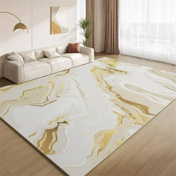 Modern White Gold Area Rugs, Abstract Golden Wave Design Carpet, Soft Washable Non Slip Low Pile Rug for Bedroom Living Room Entry Floor Mat 2x3ft