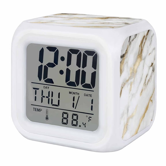 Modern White Gold Digital Alarm Clock for Bedrooms, Smart LED Alarm Clock with 7 Color Changing Night Light, Abstract Marble Geometric Silent Wake Up Clocks for Sleep Study Cooking 3.2"x3.2"