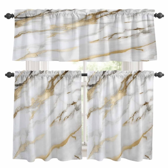 Modern White Gold Kitchen Curtains Sets for Windows 24 Inch Length, Abstract Marble Geometric Rod Pocket Window Treatments Tier Curtains and Valances Set for Bedroom/Bathroom