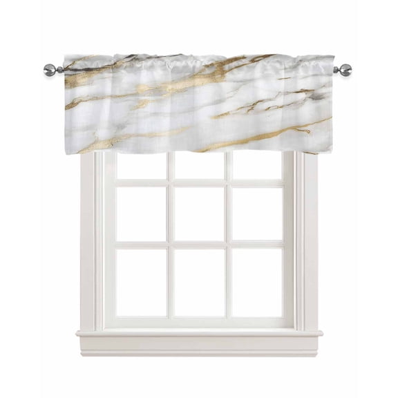Modern White Gold Kitchen Valances for Windows Farmhouse Linen Window Valance Curtain for Living Room Window Treatment Abstract Marble Geometric Valance Rod Pocket Topper Drape, 54 x 18 Inch