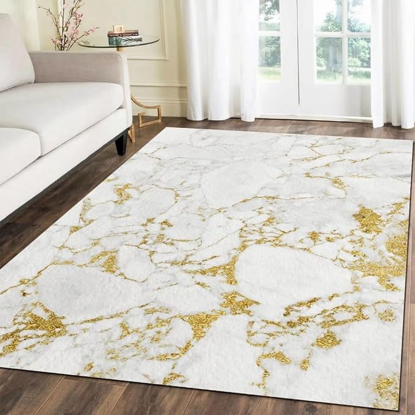 Soft Gold Rug Modern White Gold Marble Area Rug, Gold Foil Texture Rug, Non-Slip Non ...