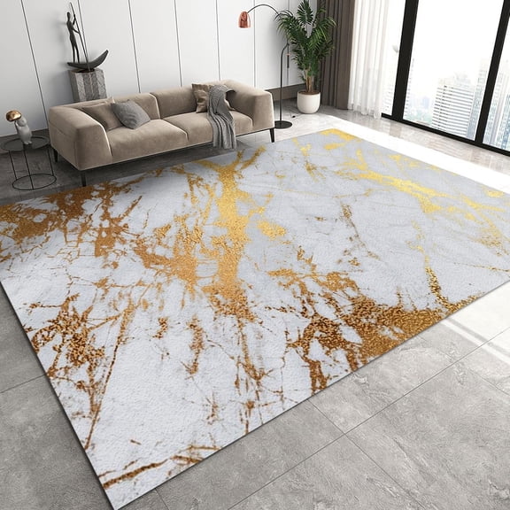 Modern White Gold Marble Ripple Art Area Rug For Living Room, Nordic Light Luxury Carpet, Washable Non-Slip Breathable Absorbent Low Pile Mat For Bedroom Kitchen Entryway Hallway 5x7ft