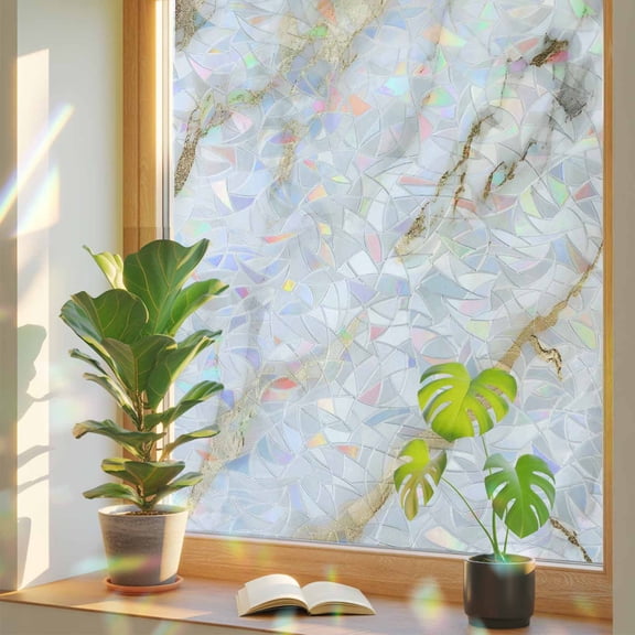 Modern White Gold Privacy Window Film, Decorative Stained Glass Window Film, Abstract Marble Geometric Resuable Rainbow Static Cling for Home Bathroom Living Room Glass Door 23.6"x59"