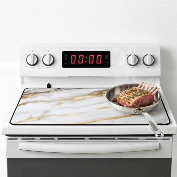 Modern White Gold Stove Top Cover for Electric Stove, Heat-proof & Non Slip Glass Top Stove Cover Protector, Abstract Marble Geometric Kitchen Flat Cooktop Rubber Mat 28.5x20.5 Inches