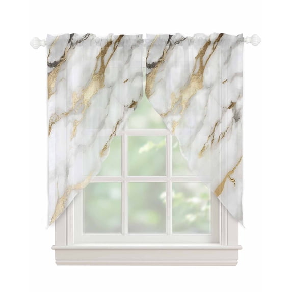 Modern White Gold Swag Valances for Windows, Abstract Marble Geometric Rod Pocket Sheer Valances for Large Windows, Swag Toppers Light Filtering for Kitchen Living Room 2 Panels 36''x63''