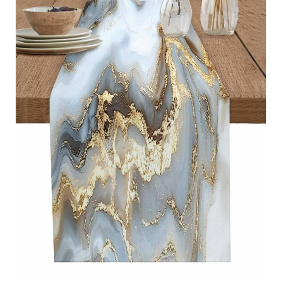 Modern White Gold Table Runner 48 Inches, Abstract Geometric Marble Printed Bed Runner Dresser Scarves Tabletop for Indoor Outdoor Parties/Ceremony/Banquet, 13" x 48"