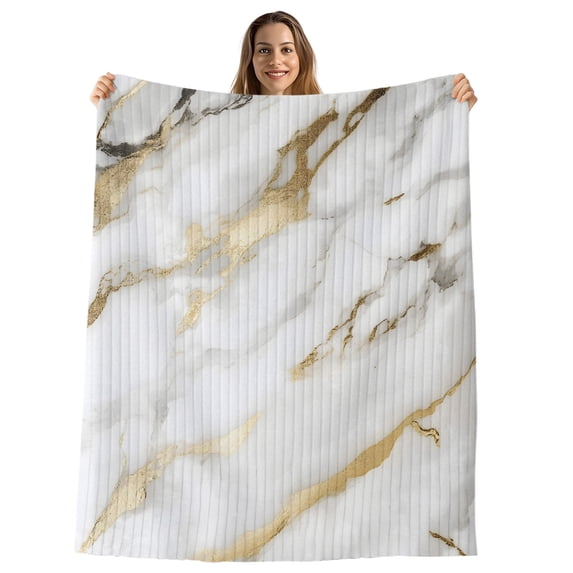 Modern White Gold Throw Blanket, Flannel Fleece Blanket with Striped Design for Couch, Abstract Marble Geometric Soft Breathable All Season Plush Blankets for Loveseat Sofa Bed 60"x80"