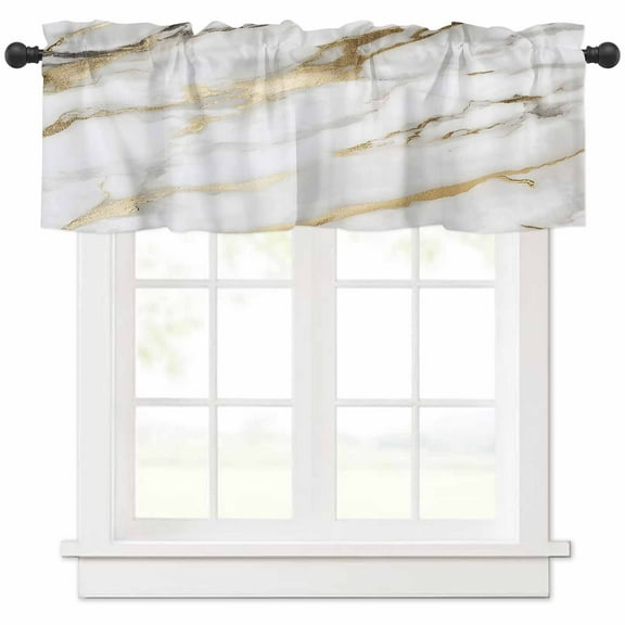 Modern White Gold Valances for Windows Farmhouse Kitchen Curtains Valances Rod Pocket Valance Curtains for Kitchen Windows Abstract Marble Geometric Window Valances for Bathroom Bedroom 60"x18"