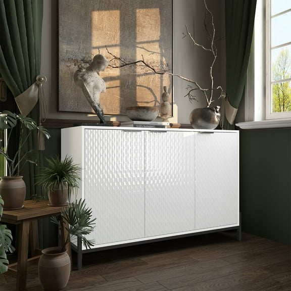 Modern White High Gloss 3-Door Cabinet -Buffet Sideboard with Powder Coated Metal Feet