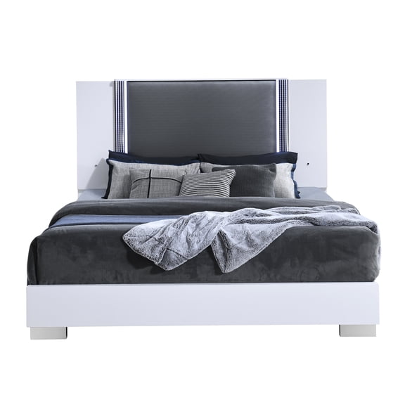 Modern White King LED Bed Frame with Marble Headboard, RGB Mood Lighting, Solid Wood Platform Bed, No Box Spring Needed
