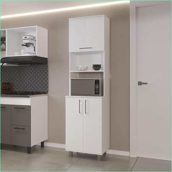 Modern White Kitchen Pantry with Pneumatic Doors, Open Storage & Bottom Cabinet | Particle Board | Melamine