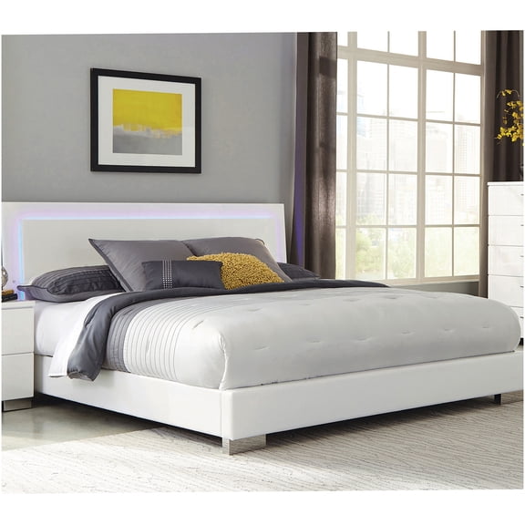 Modern White LED California King Platform Bed with Touch Control and Upholstered Headboard
