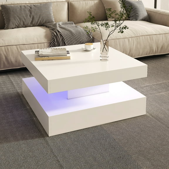 Modern White LED Coffee Table with Storage - 2-Tier Square Wooden Center Table for Living Room & Dining Reception