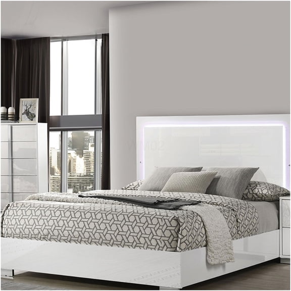 Modern White LED King Bed Frame with Upholstered Headboard and Chrome Legs, UV Lacquer Finish for Contemporary Bedroom