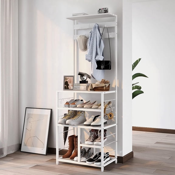 Modern White Large 5-Tier Hall Tree Entryway Wooden Shoes Rack Shelf Coat Rack with Movable 9 Metal Hooks Storage Organizer for Home Office Bedroom Mudroom Living Room