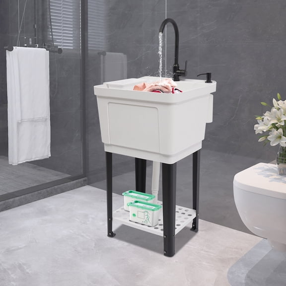 Modern White Laundry Sink, 50x48x84cm Station with Built-in Soap Dispenser and Hot/Cold Water Mixer, Perfect for Pet Bathing and Daily Cleaning Tasks