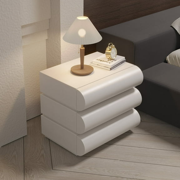 Modern White Leather Nightstand with 3 Solid Wood Drawers, Bedside Storage Cabinet for Bedroom and Living Room