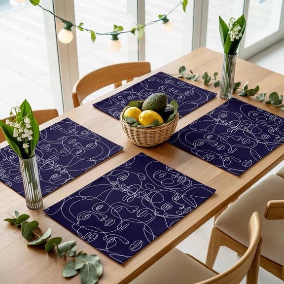 Modern White Line Character Face Placemats Set of 4,Wipeable Washable Table Mats for Dining Tables, Abstract Purple Place Mats for Kitchen Event Party Tabletop Decor