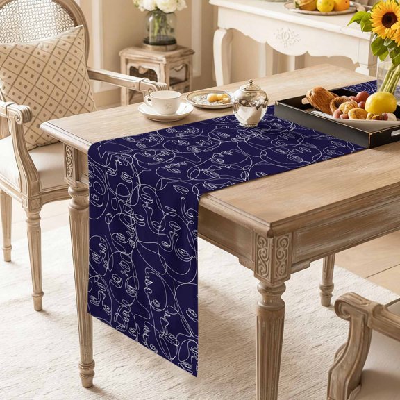 Modern White Line Character Face Table Runner 13x60in Non-Slip Cotton Linen Table Runners, Abstract Purple Dresser Scarves TableRunner for Dinner Kitchen Dining Wedding Party