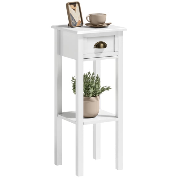 Modern White MDF End Table with Drawer and Bottom Shelf, Slim Side Table for Living Room or Bedroom, Compact Nightstand for Sofa Side, 11.75 x 11.75 x 29.5 Inches