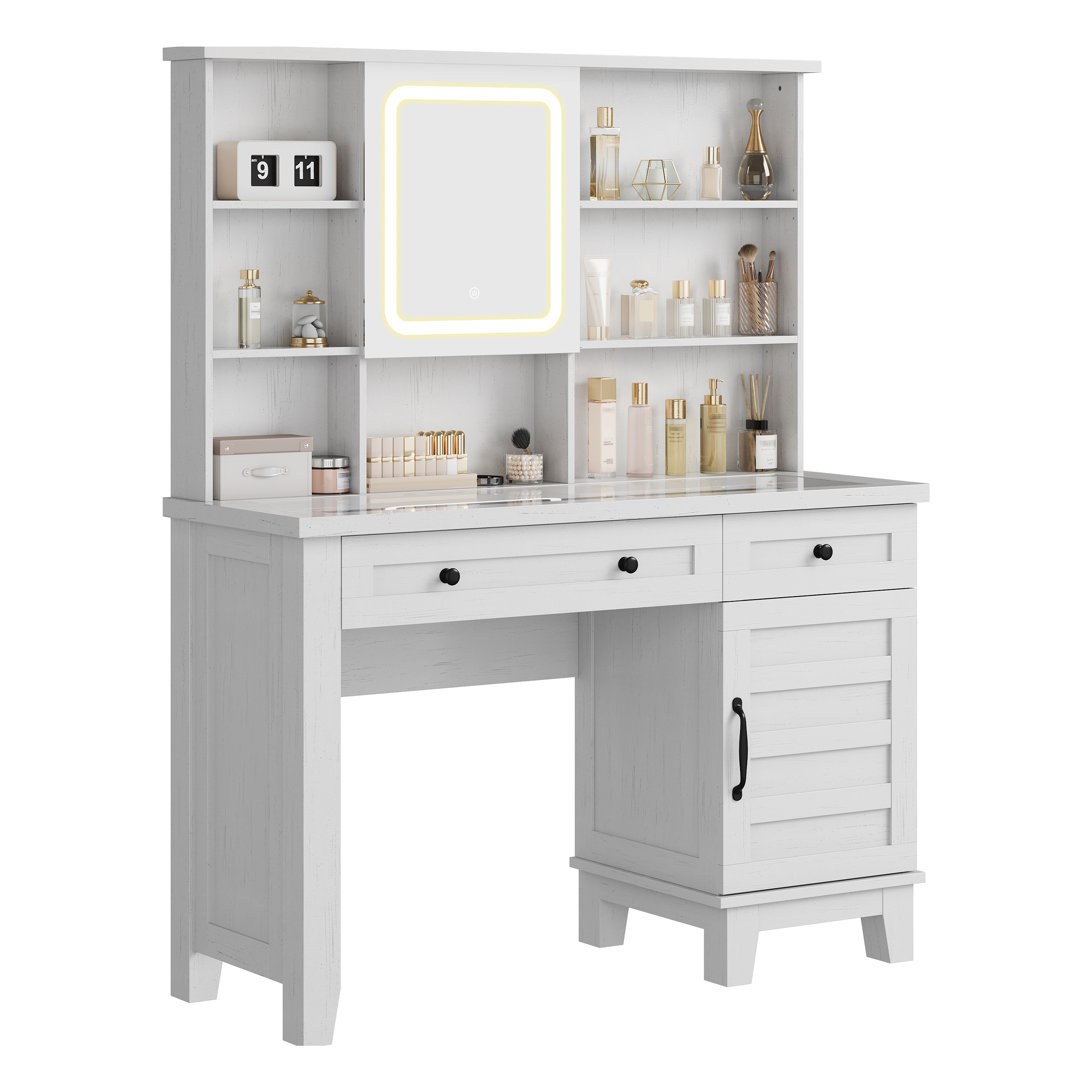 Modern White Makeup Vanity Desk with Lighted Mirror, Glass Tabletop, Charging Station, Drawers, Cabinet, Open Shelves, Upholstered Stool – Large Storage Dressing Table – White