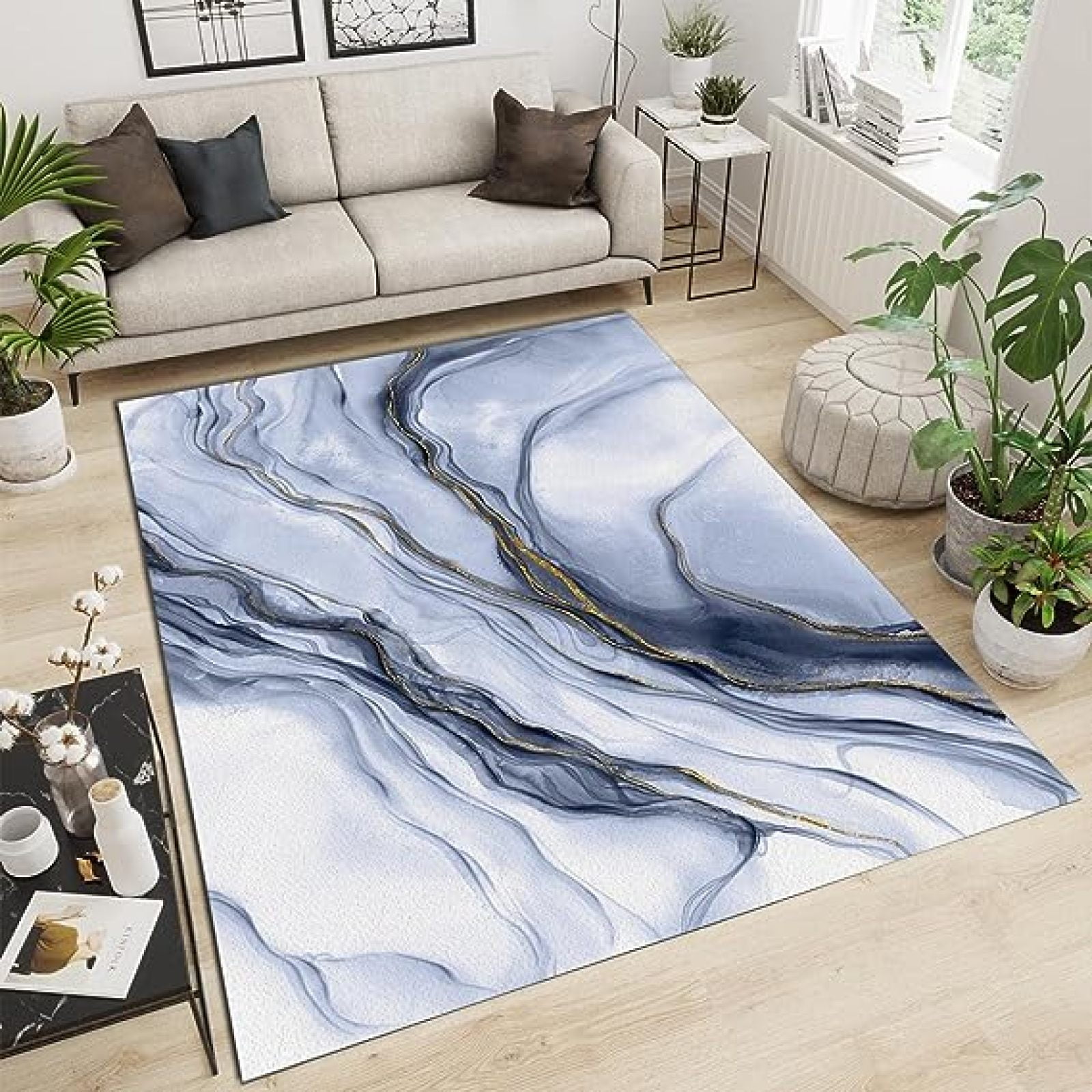 Modern White Marble Area Rug, Abstract Black And White Gold Stripes Art