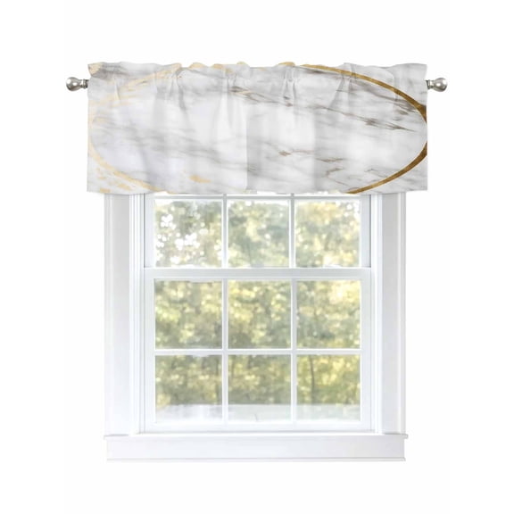 Modern White Marble Curtain Valances for Windows, Abstract Gold Circle Geometric Kitchen Valance Window Treatment, Light Filtering Block Curtains for Bathroom/Bedroom/Living Room 42'' x 12''