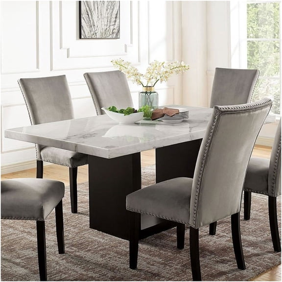 Modern White Marble Dining Table with Solid Wood Base, Rectangular Farmhouse Kitchen Table for 6, Transitional Style Dining Room Furniture