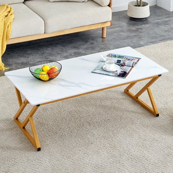 Modern White Marble Rock Slab Coffee Table | 47" Rectangular Sintered Stone Top with Gold X-Legs | Durable & Elegant Living Room Furniture | Easy Clean | 47x23.6 Inches