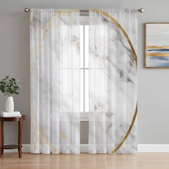 Modern White Marble Sheer Curtains 84 Inch Length 2 Panels Set, Abstract Gold Circle Geometric Voile Window Treatment Rod Pocket Curtains Sheers Drapes for Bedroom/Living Room/Kitchen 52"x84"x2