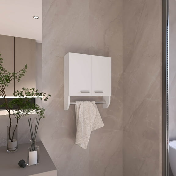 Modern White Medicine Cabinet with Towel Holder | 17.4" Wall Mounted Organizer | 2 Doors, 2 Shelves | Water-Resistant Particle Board | Bathroom, Kitchen, Mudroom Storage | Easy Install